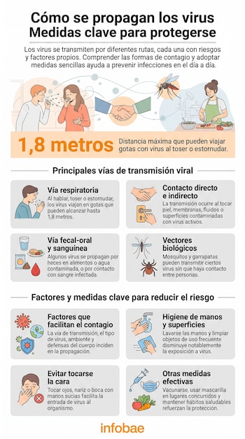 Infografía con título 'Cómo se propagan los virus y medidas clave para protegerse'. Muestra vías de transmisión, distancia de gotas y acciones preventivas.