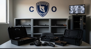 Oficina desordenada con cajas de armas vacías, fundas Glock, municiones en el escritorio, estantes metálicos y caja fuerte abiertos. Logotipo de "Private Chihuahua" y monitor CCTV.