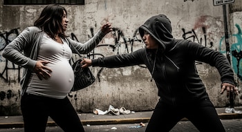 Dos mujeres en una calle con grafitis. Una mujer embarazada, de blanco y gris, tiene un bolso. Otra mujer con sudadera oscura estira el brazo hacia el bolso.