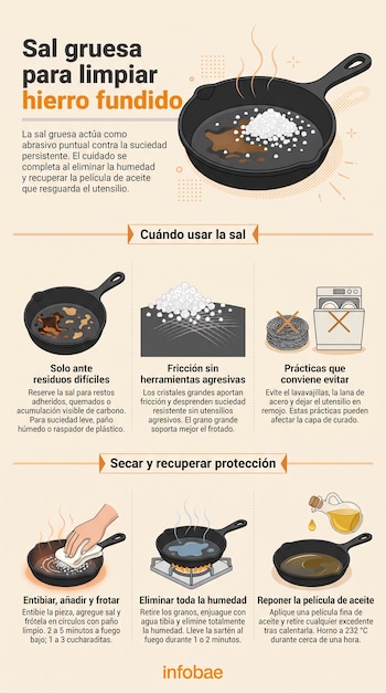 Infografía ilustrada con sartenes de hierro fundido, sal gruesa, esponja, hornalla encendida, botella de aceite y textos explicativos.