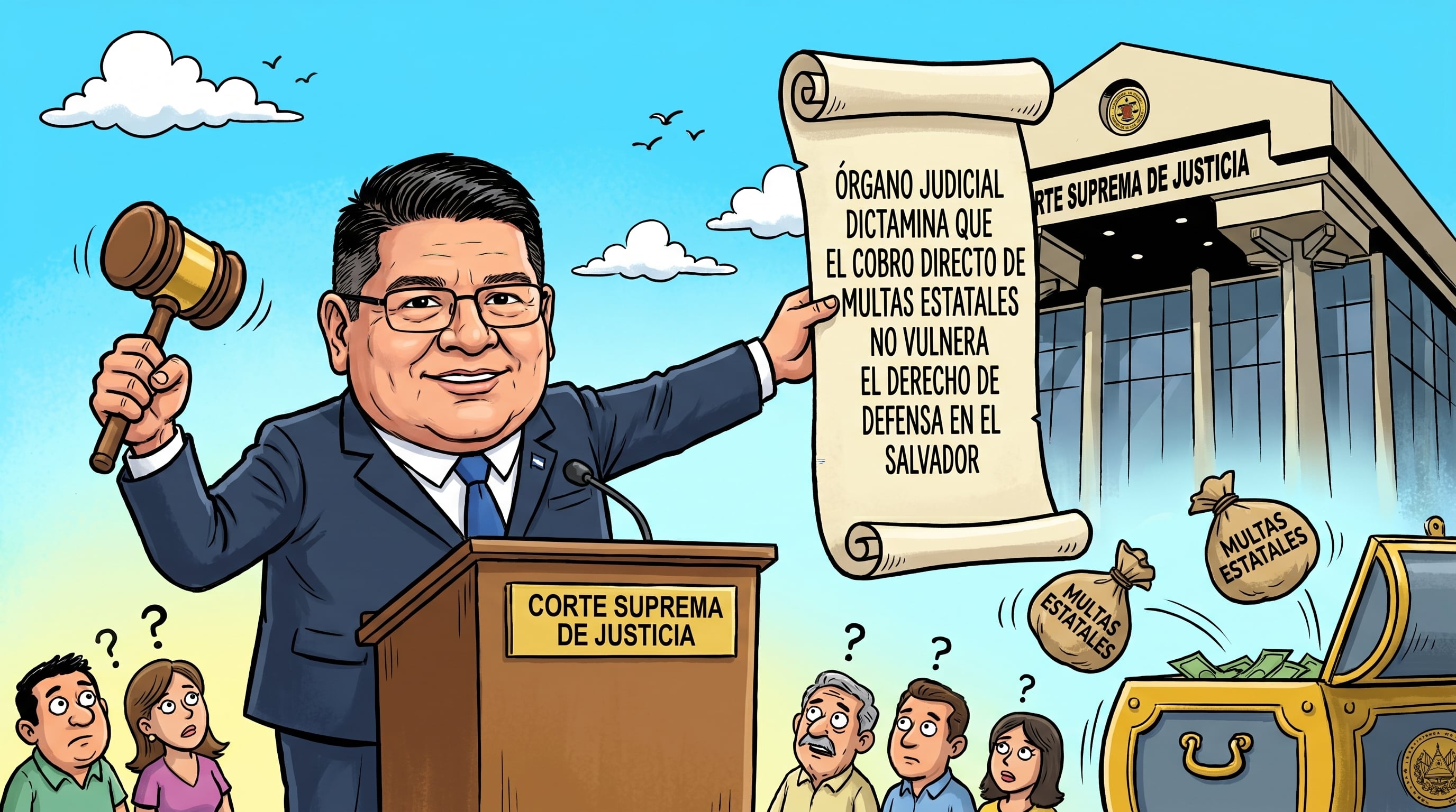 La caricatura ilustra la decisión del Órgano Judicial de El Salvador que dictamina la legalidad del cobro directo de multas estatales, asegurando que no vulnera el derecho de defensa, mientras los ciudadanos observan con incertidumbre. (Imagen Ilustrativa Infobae)