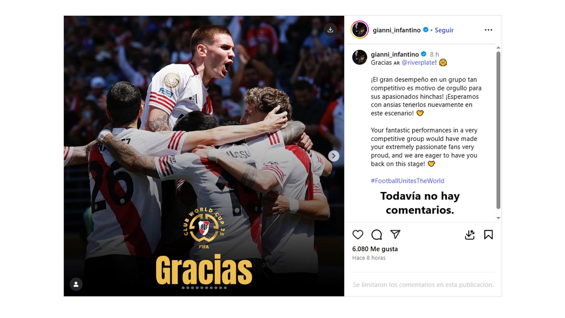 El mensaje de Infantino para River tras el Mundial de Clubes