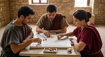 Dos hombres y una mujer con túnicas romanas juegan concentrados un tablero de piedra con piezas pequeñas sobre una mesa, en una habitación de piedra iluminada.