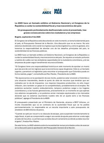 La Andi pidió al Gobierno Petro y al Congreso de la República garantizar la sostenibilidad fiscal de Colombia - crédito Andi