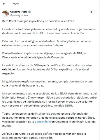 Publicación de X (antes Twitter) del usuario Gustavo Petro solicitando la liberación de Beto Coral, detenido en Estados Unidos