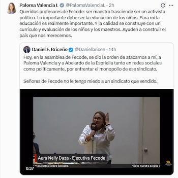 aloma Valencia considera que los profesores deben dedicarse a mejorear el aprendizaje de los colombianos - crédito @PalomaValenciaL/X