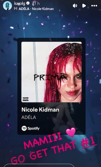 La Bichota compartió un fragmento de la canción de Adéla y le pidió ir por el primer puesto - crédito @karolg / Instagram