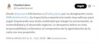 Claudia Calero, presidenta de Asocaña, felicitó a Fabio Arjona por su designación como ministro de Ambiente - crédito @ClaudiaCaleroC/X