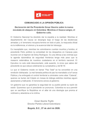Gaviria denuncia crisis de violencia en el Cauca y el desinterés del presidente Gustavo Petro - crédito @PartidoLiberal/X