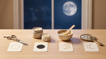 Bodegón con tijeras, cremas, cera y espejo sobre mesa, cada uno con tarjeta de fase lunar. Luna llena difusa visible en el fondo a través de una ventana.