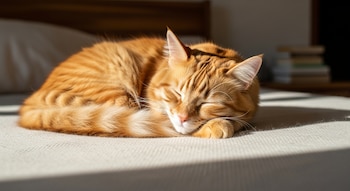 Un gato atigrado de color naranja, con los ojos cerrados, duerme acurrucado sobre una superficie beige, con la luz del sol incidiendo sobre su cuerpo.
