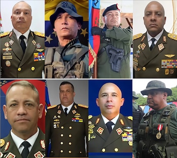 Ocho retratos de hombres con uniformes militares, que muestran insignias y condecoraciones, algunos con sombreros o equipo táctico
