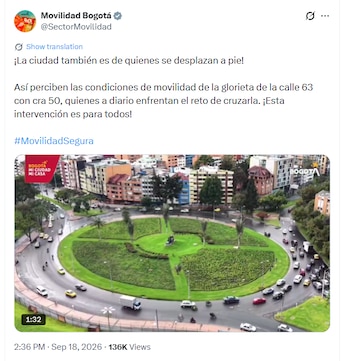 Este fue el mensaje de defensa de la Secretaría de Movilidad de Bogotá en favor de la semaforización de la glorieta de la 63 con 50 - crédito @SectorMovilidad/X