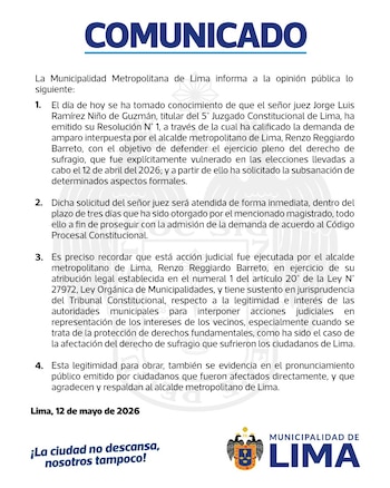 Municipalidad de Lima confirma que Renzo Reggiardo seguirá demanda por presunta vulneración del voto en Elecciones 2026. (Foto: Municipalidad de Lima/@MuniLima)