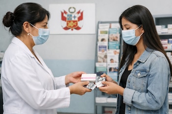 Una mujer de bata blanca entrega una caja de anticonceptivos y preservativos a una joven. Ambas usan mascarillas. Detrás, logo del Ministerio de Salud de Perú.