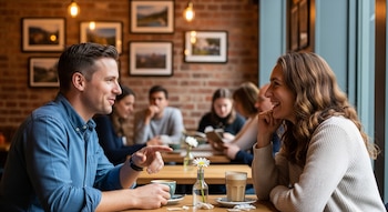 Un hombre y una mujer sentados en una mesa de una cafetería, con bebidas y una flor. Al fondo se ven otras personas, mesas, cuadros y una pared de ladrillo.