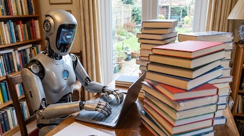 Un robot plateado escribe en una computadora portátil sobre un escritorio con altas pilas de libros y una estantería al fondo.