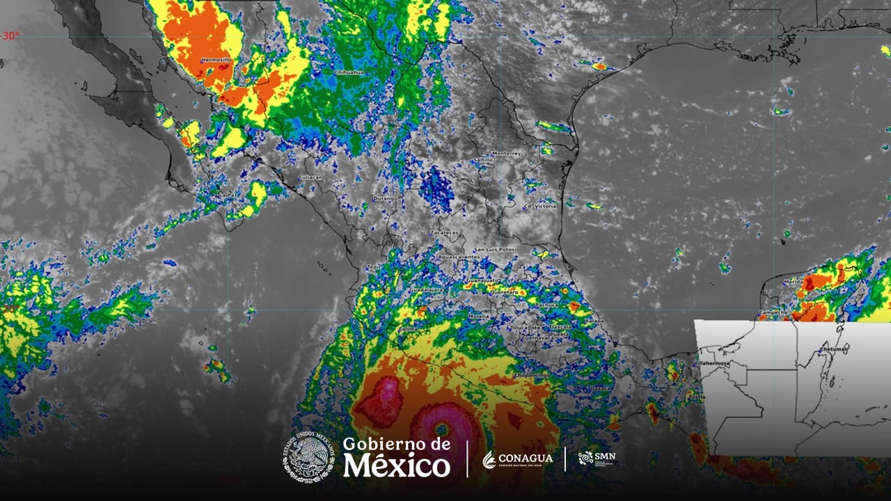 Un mapa satelital del Servicio Meteorológico Nacional detalla las zonas de nubosidad y lluvias en el territorio de México debido al huracán Polo. (X/ @conagua_clima)