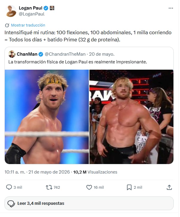 La constancia y la disciplina en la rutina diaria permitieron a Logan Paul sostener el entrenamiento y ordenar otros hábitos del estilo de vida (X/@LoganPaul)