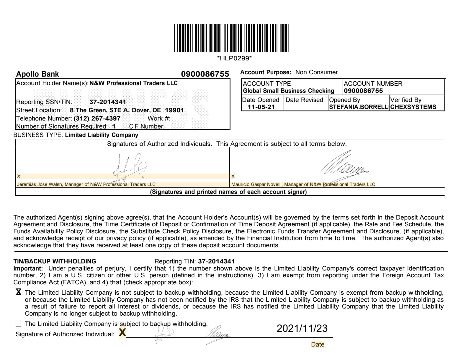 Apertura de cuenta de N&W Professional Traders LLC en el Apollo Bank de Miami, con las firmas de Novelli y Walsh