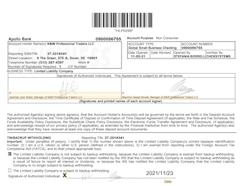 Apertura de cuenta de N&W Professional Traders LLC en el Apollo Bank de Miami, con las firmas de Novelli y Walsh