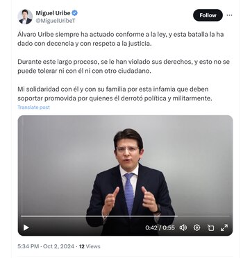 El senador Miguel Uribe respaldó