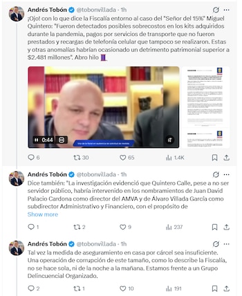 El concejal del Movimiento Creemos citó apartes de la Fiscalía sobre posibles sobrecostos en kits adquiridos durante la pandemia, pagos por servicios de transporte que no habrían sido prestados y recargas de telefonía celular que tampoco se habrían realizado - crédito @tobonvillada/X