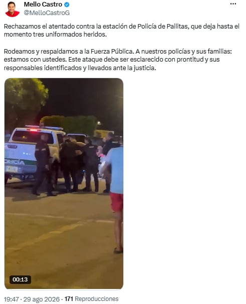 Mello Castro condena atentado en Pailitas y exige justicia para policías heridos - crédito @MelloCastroG/X