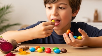 Un niño come un dulce amarillo de chocolate; sostiene otros de colores. Sobre la mesa hay dulces de varios colores, remolacha y cúrcuma.