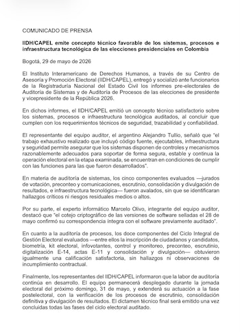 El Instituto Interamericano de Derechos Humanos, a través de su Centro de Asesoría y Promoción Electoral (Iidh/Capel), emitió un concepto técnico satisfactorio sobre los sistemas y procesos auditados para las elecciones presidenciales de Colombia 2026 - crédito Capel