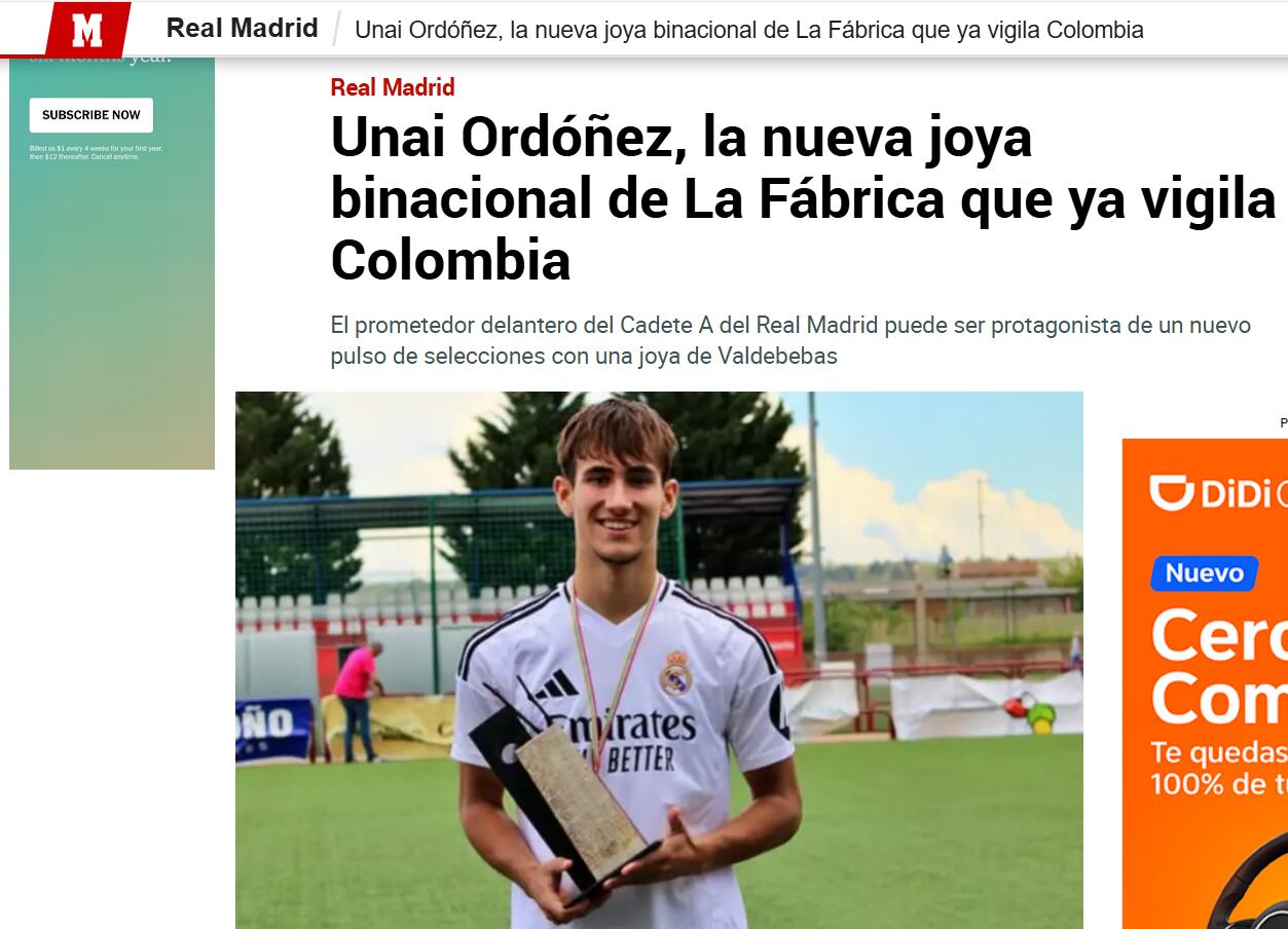Delantero español y de padre colombiano fichó por el Real Madrid y podría jugar en la Tricolor: es hincha del Atlético Bucaramanga