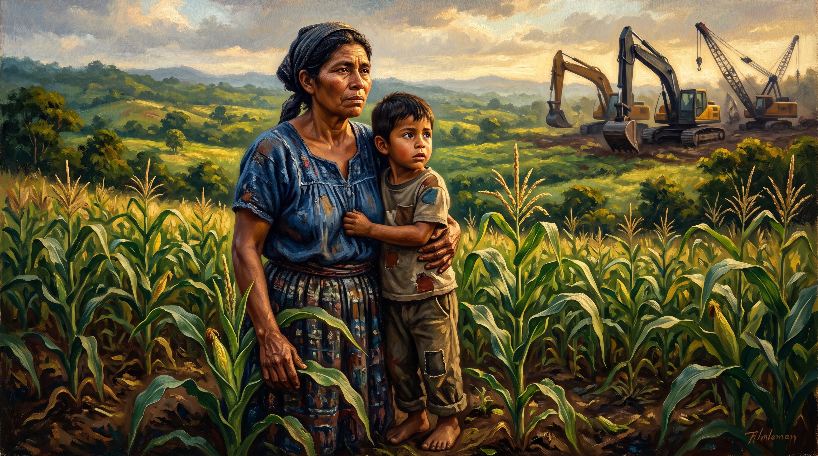 Una madre campesina y su hijo permanecen en un maizal de Honduras mientras maquinaria de construcción opera en las colinas cercanas. (Imagen Ilustrativa Infobae)