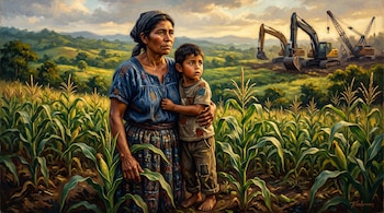 Pintura al óleo de una mujer y un niño descalzo en un campo de maíz, con excavadoras amarillas sobre un cerro al fondo.
