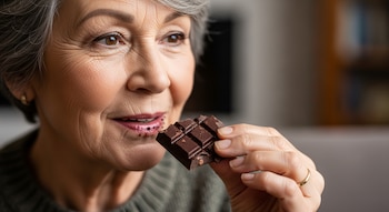 Primer plano de una mujer mayor sonriendo, con cabello gris y un suéter verde, sosteniendo un trozo de chocolate amargo parcialmente comido cerca de sus labios.