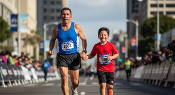 Um homem de meia-idade e uma criança com fenótipo mexicano disputaram uma corrida um contra o outro. Os homens são azuis, os meninos são vermelhos.