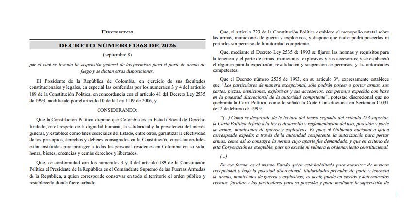 El Decreto 1368 de 2026 del Gobierno nacional ya apareció en el Diario Oficial, con lo que entró plenamente en vigencia - crédito suministrado a Infobae Colombia