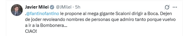 El tuit de Javier Milei sobre la chance de que Scaloni dirija a Boca Juniors