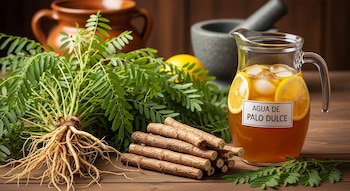 Jarra de vidrio con agua de palo dulce, hielo y rodajas de limón, junto a raíces y tallos de regaliz con hojas verdes sobre una mesa de madera.