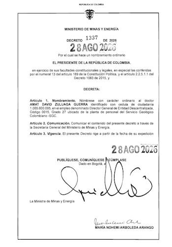 Decreto que formaliza el nombramiento de Amat David Zuluaga Guerra como director del SGC - crédito Dapre