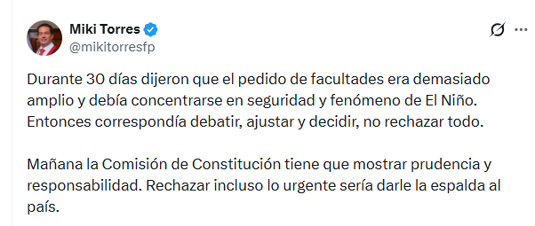 Torres defendió un debate sobre el pedido y sostuvo que, tras las críticas a su amplitud, correspondía “debatir, ajustar y decidir, no rechazar todo”