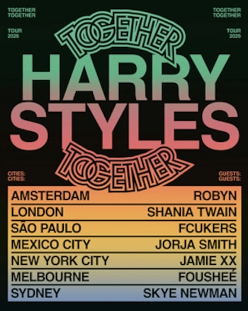 Cartel de concierto en fondo negro con degradado de colores en las letras 'Harry Styles Together Tour 2026', y una lista de ciudades con sus artistas invitados