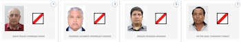 Cuatro paneles muestran fotografías de cuatro hombres con nombres debajo y un símbolo de tachado rojo. Candidatos a diputados por Piura