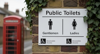 Cartel blanco de baños públicos con símbolos de género y acceso, en pared de ladrillo con hiedra. Al fondo, una cabina telefónica roja borrosa.