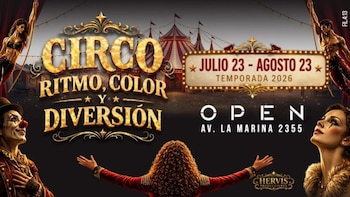 Póster de circo con textos "Ritmo, Color y Diversión", fechas de julio a agosto de 2026, y dirección. Muestra acróbatas, un payaso y una carpa