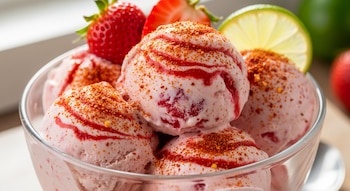 Un tazón transparente lleno de bolas de helado de fresa con salsa y polvo de chile espolvoreado, decorado con fresas frescas y una rodaja de lima.