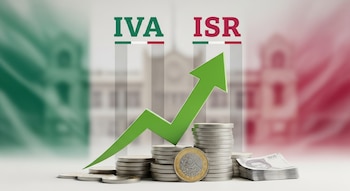 Pilas de monedas y billetes de pesos mexicanos, una flecha verde ascendente, el texto IVA e ISR, y un fondo borroso con la bandera de México.
