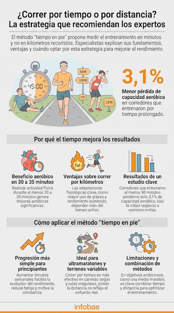 Infografía con cronómetro, dos corredores, señales de kilómetros, íconos de corazón, llama, barras, flecha y engranajes, y texto.
