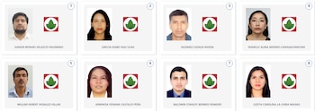 Ocho retratos de candidatas y candidatos a diputados en Piura, Perú, cada uno junto a un logo cuadrado rojo con tres hojas verdes