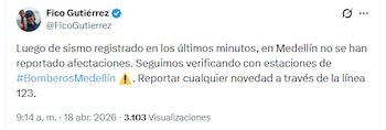 El alcalde de Medellín aseguró que, por el momento, no se registran afectaciones en la capital de Antioquia - crédito @FicoGutierrez/X