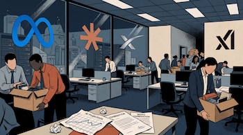 Una oficina corporativa con empleados empacando pertenencias en cajas de cartón. Se ven logos de Meta, Anthropic, SpaceX, xAI, un gráfico de proyecciones de IA y hojas de despido.